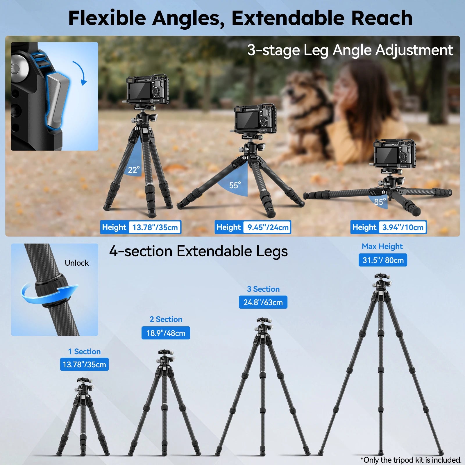 SIRUI AM-224S+G0 Portable Tripod For Camera Phone Action Camera Accessories Support Weight Up To 10KG Carbon Feather