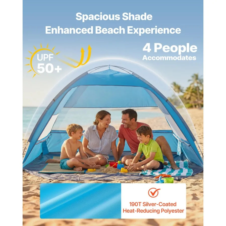 Beach Tent Sun Shelter for 4 Person UPF 50+ Protection Portable Sun Shade Canopy with Carrying Bag Sand Pockets Lightweight and