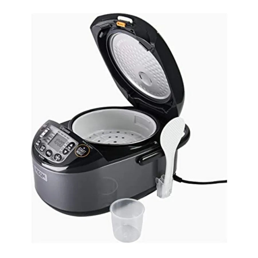 5.5 Cup Uncooked Umami Micom Rice Cooker Bundle with Oven Mitt 2-Pack and 15-Inch Bamboo Spoon in Black Stainless Steel
