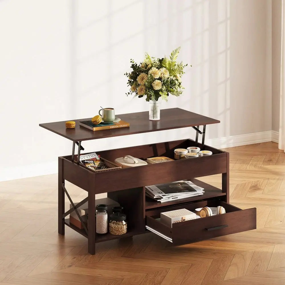Table, 39 Lift Top Coffee Table With Hidden Compartment, Storage Drawers And Storage Shelf For Living Room, Reception Room, Esp