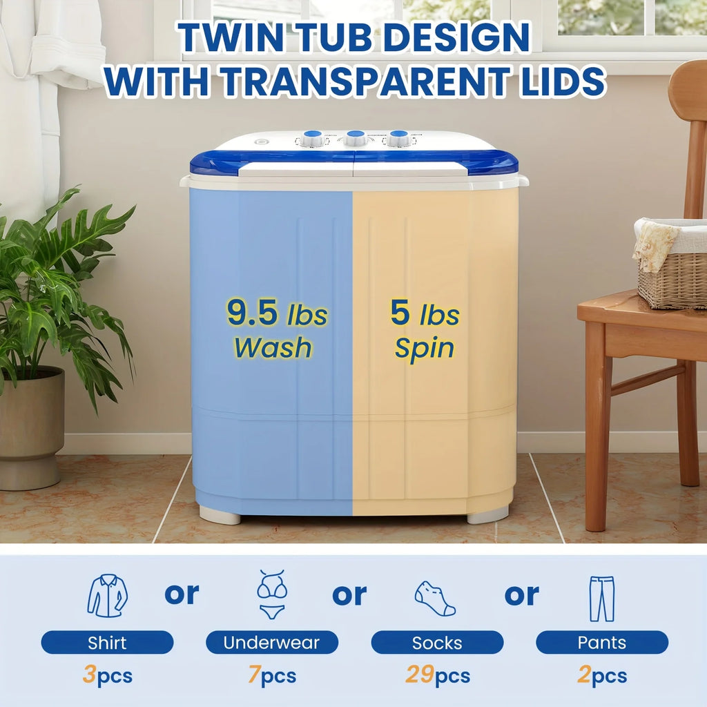 14.5Lbs Portable Washing Machine, Mini Twin Tub Laundry Washer with Gravity Drain, Time Control, Semi-Automatic 9.5Lbs Washer And 5Lbs Spin Dryer Combo for Apartments, Dorms, Rvs