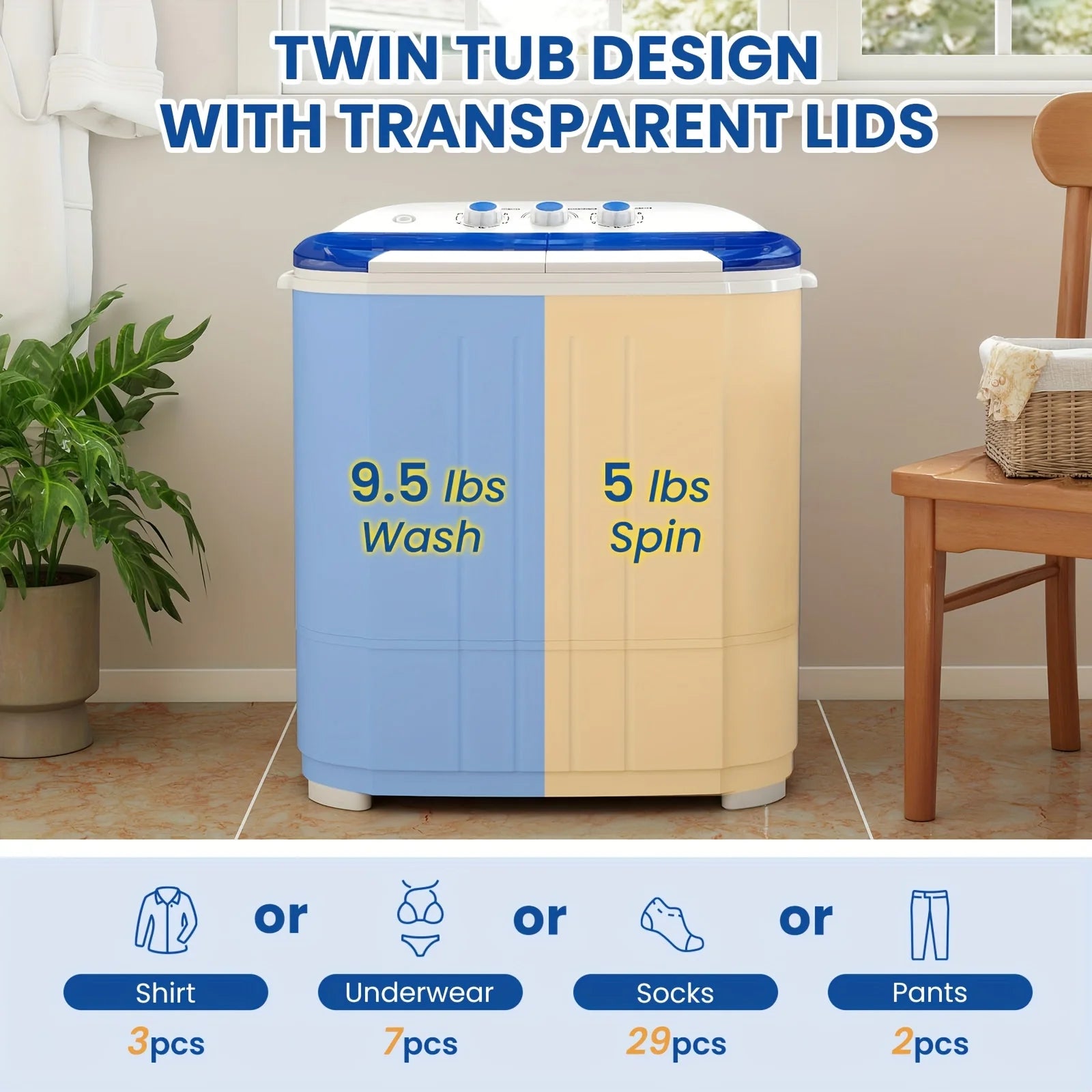 14.5Lbs Portable Washing Machine, Mini Twin Tub Laundry Washer with Gravity Drain, Time Control, Semi-Automatic 9.5Lbs Washer And 5Lbs Spin Dryer Combo for Apartments, Dorms, Rvs