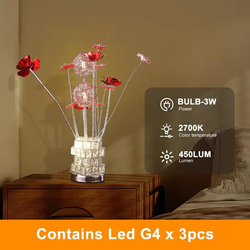 Red Roses 6 Petal Floral Table Lamp with Red/Silver Flower Bud in Modern Hexagonal Chrome Vase for Living Room or Bedroom, LED