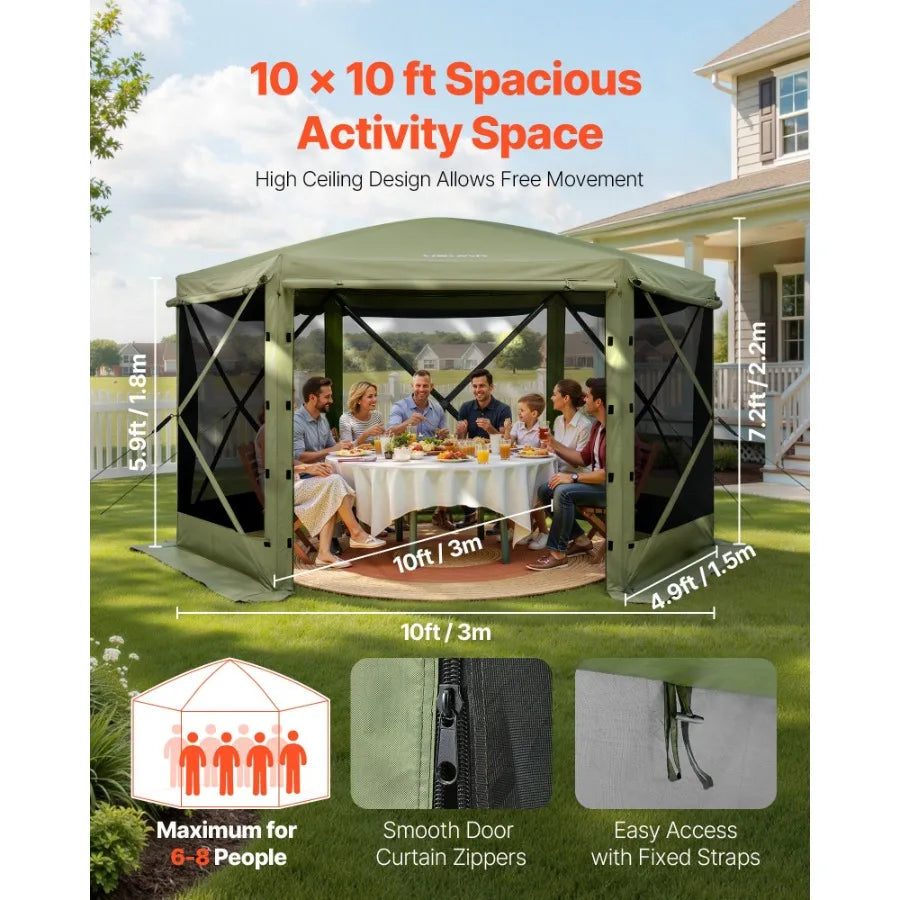 10 x 10 ft Pop Up Gazebo Screen Tent 6-Sided Large Camping Canopy with Removable Top Carry Bag Quick-Set Bite-Proof Green Sun S