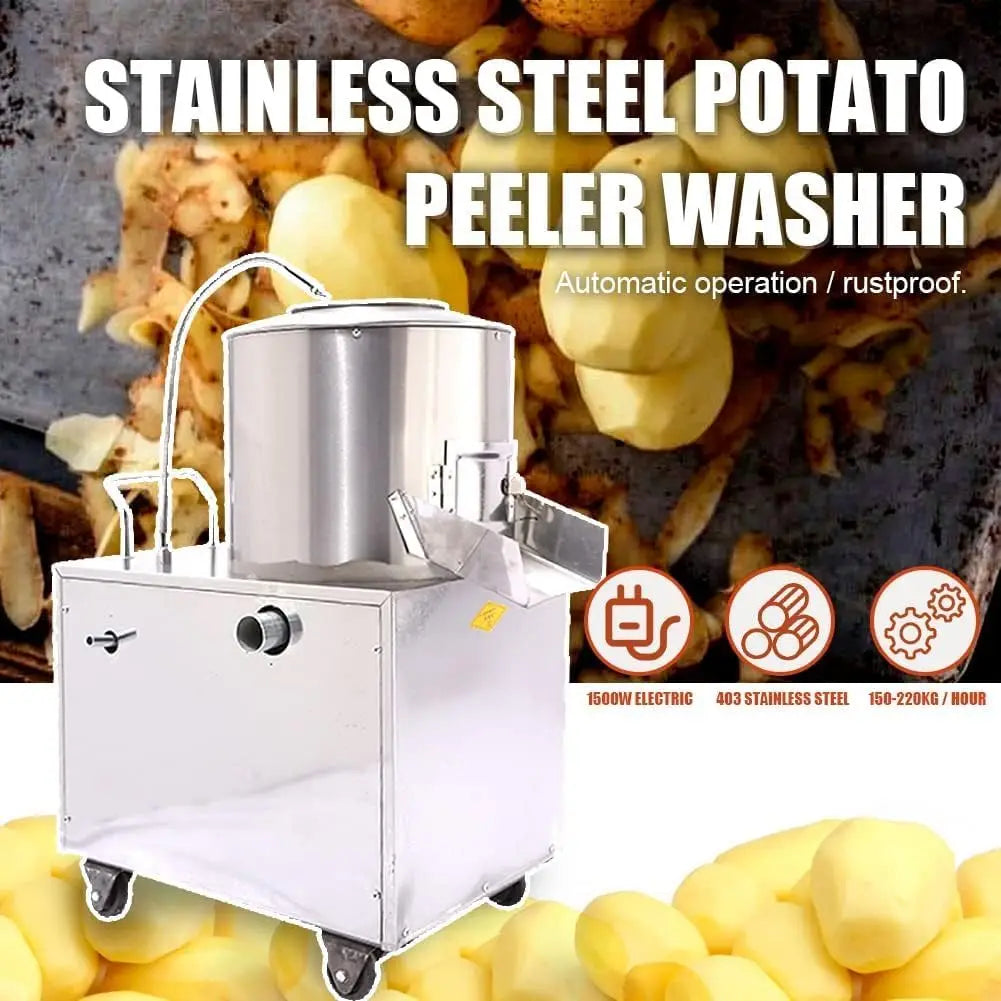 HPDMC Commercial Electric Potato Peeler 1500W Automatic Washer with Caster Wheels 430 Stainless Steel for Kitchen Use