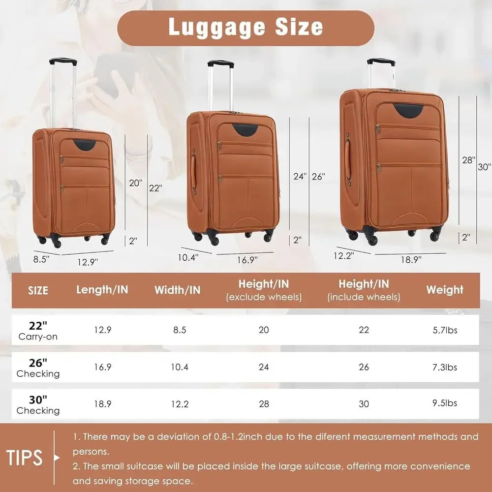 3-Piece Expandable Luggage Set with Spinner Wheels and TSA Lock, 22, 26, 30 (Orange)