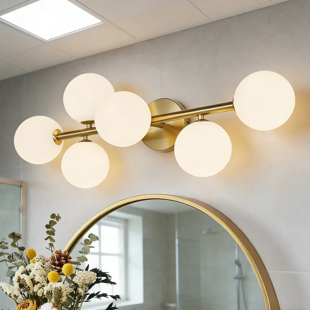 Mid-Century 5-Light Gold LED Bath Light Dimmable 3CCT with Milk Glass for Kitchen And Dining Indoor Wall Lamp