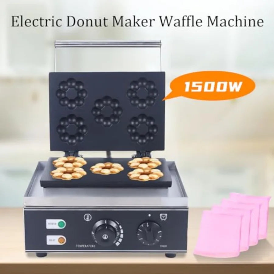 Commercial 1500W 5-Hole Plum Flower Waffle Iron Donut Maker Non-Stick Double-Sided Electric Machine for Breakfast Lunch Snacks