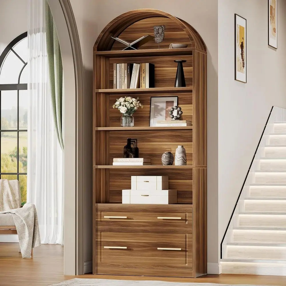 76.8 Walnut Brown 5-Tier Arched Bookcase with Cabinet, Large Standing Wooden Shelves for Home Office, Living Room Display Storag