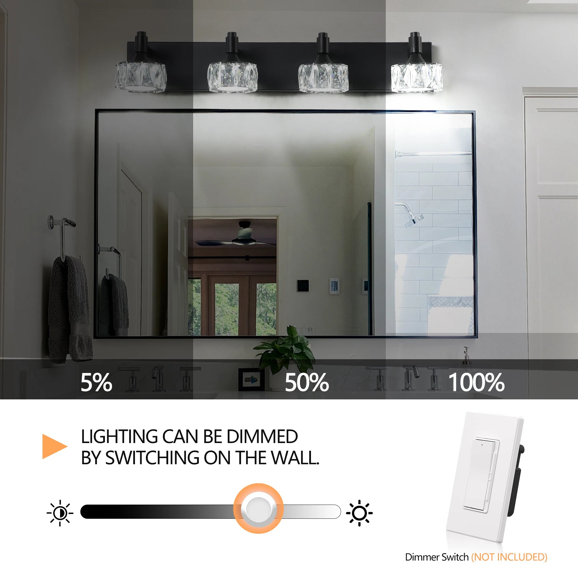 4-Light LED Vanity Light Modern Matte Black Fixture with Crystal Glass Shades, Bathroom Wall Sconce for  Contemporary Home Deco