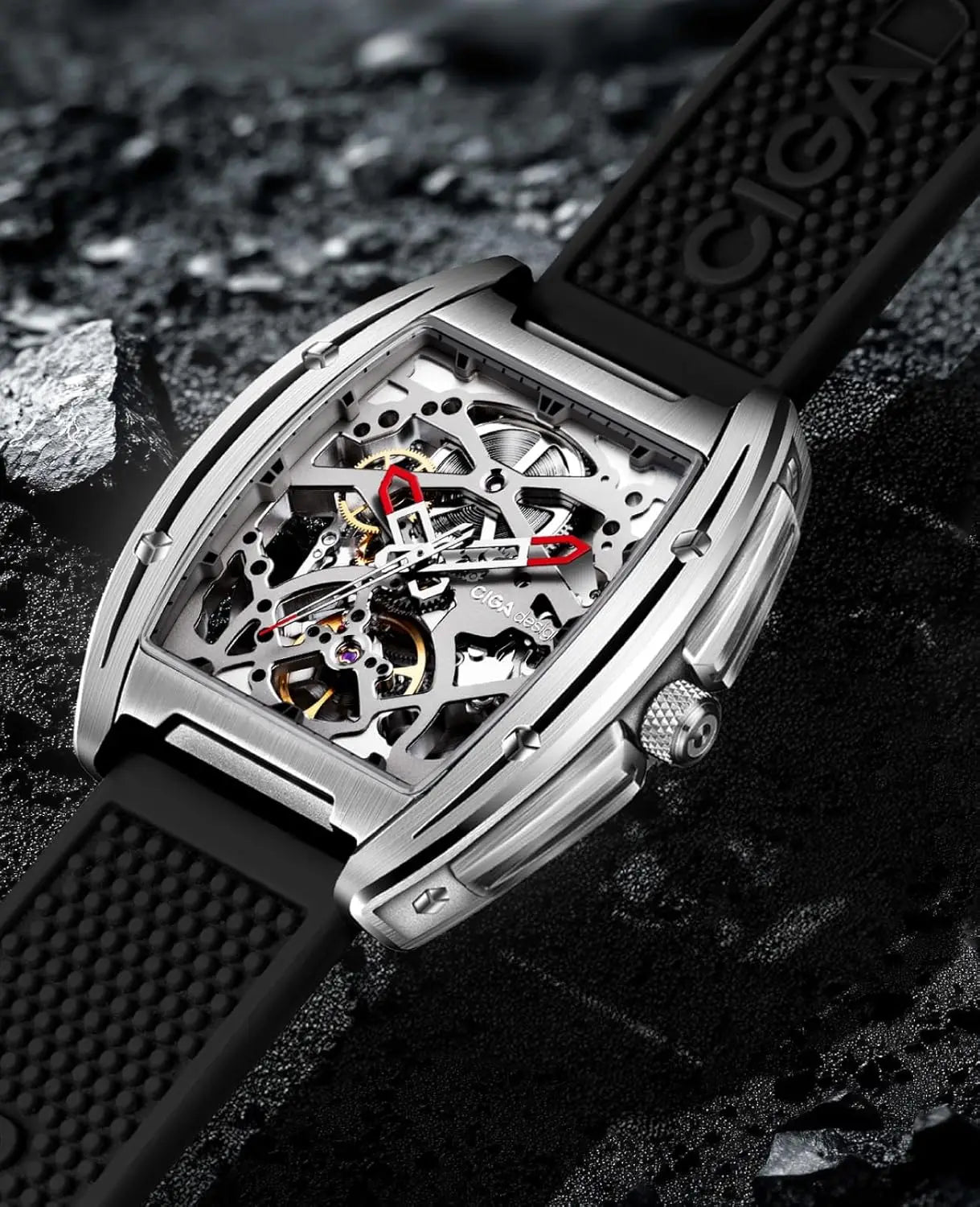 Automatic Skeleton Watch with Silicone Strap, Stainless Steel Waterproof Dress Timepiece for Men and Women