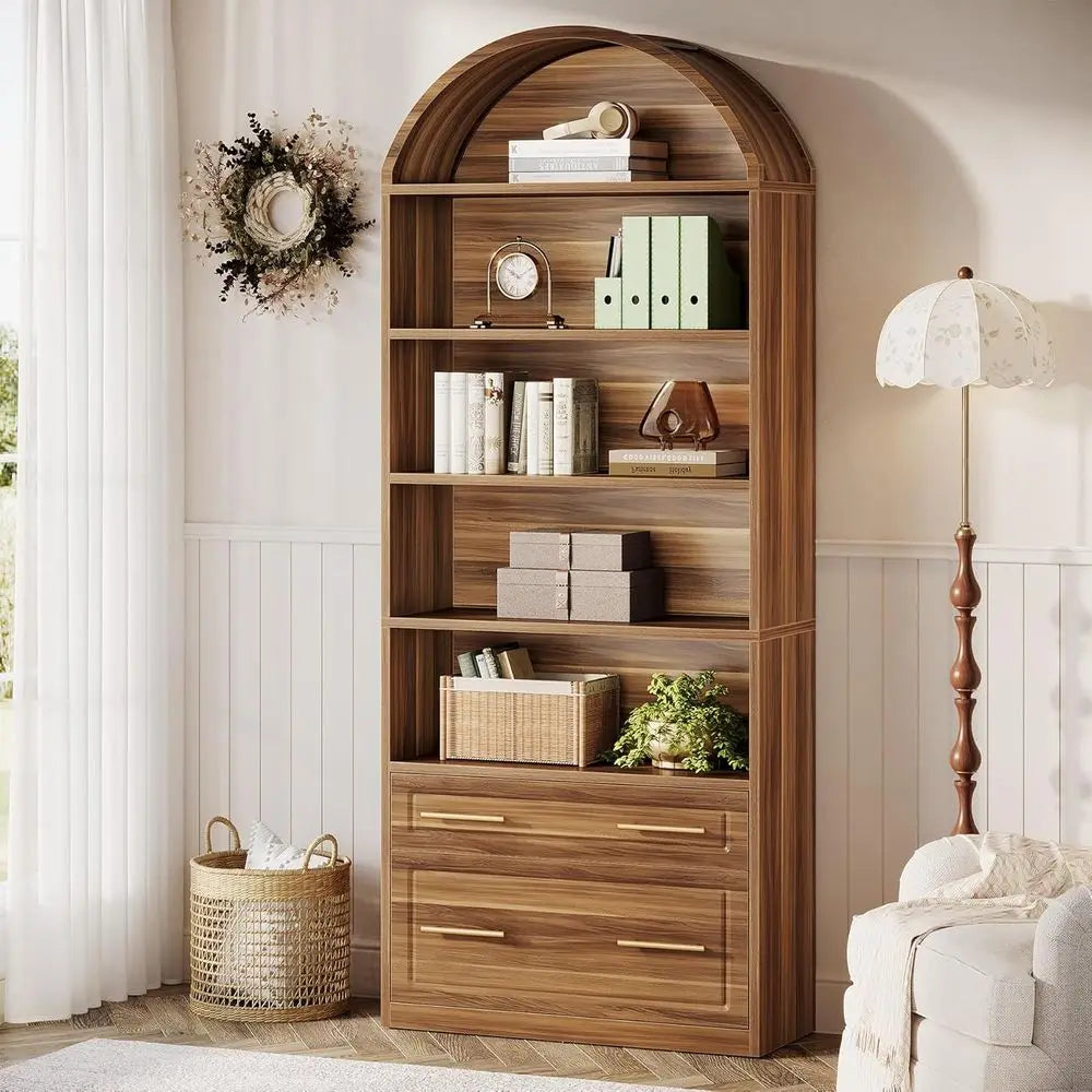 76.8 Walnut Brown 5-Tier Arched Bookcase with Cabinet, Large Standing Wooden Shelves for Home Office, Living Room Display Storag