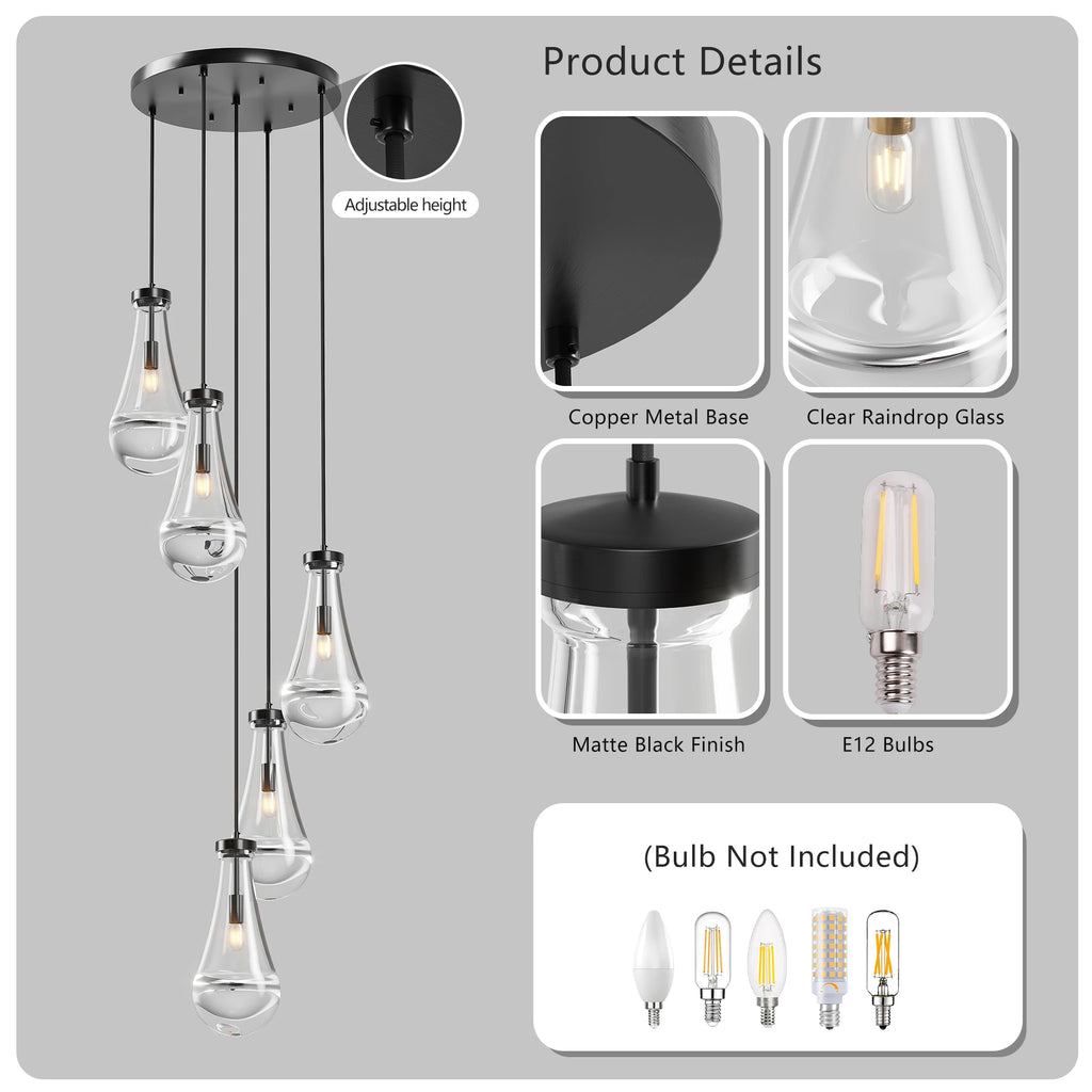 5 Light Cluster Pendant Lights, Black High Ceiling Chandeliers Adjustable, Living Room Pendant Light, Foyer Chandeliers