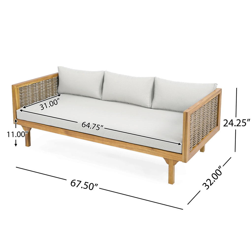 3 Seater Sofa Acacia Wood Outdoor Daybed Convertible Bed with Rattan Arm Cushion Pillow for Patio Garden