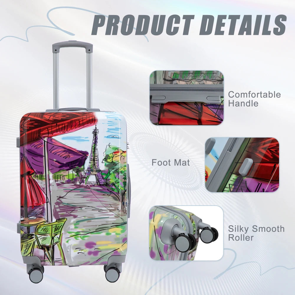 20/24/28 3 pcs/set in PC Spinner Wheel Luggage, Carry on Suitcase, With Printed pattern and Combination Lock (Coffee+Iron Tower)