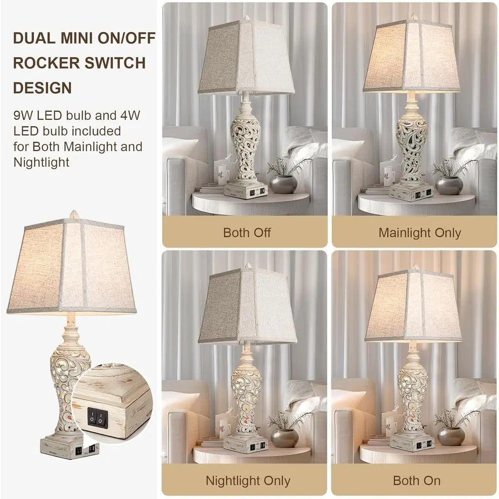 28.5 Dual Table Lamp Set with Fabric Shades - Ideal for Bedrooms and Living Rooms, USB & Nightlight Features