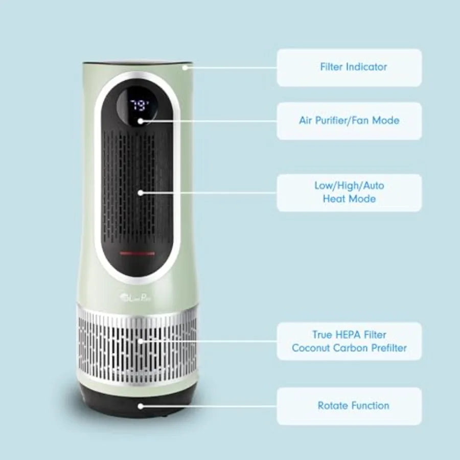 3 in 1 Clean Heat Air Purifier/Fan Heater with HEPA Filtration System for Home Bedroom Office in Sage