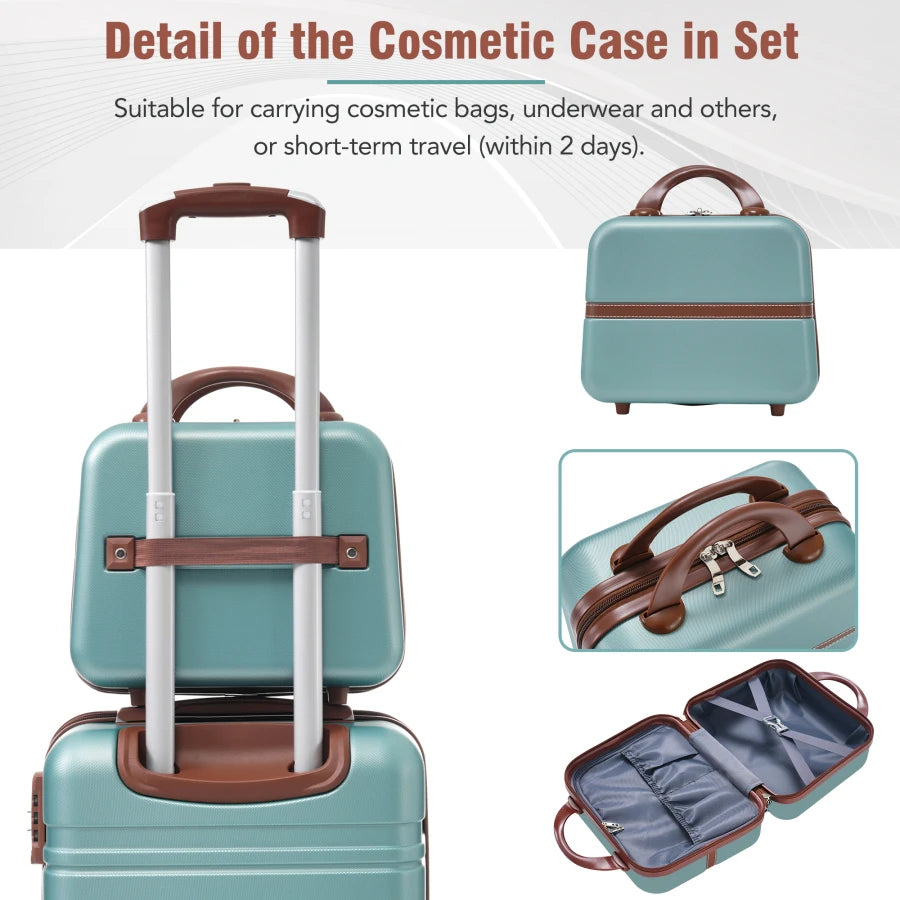 Hardshell luggage sets for travel: 3-piece green set with 20 and 28 spinner suitcases plus cosmetic case, featuring TSA lock an