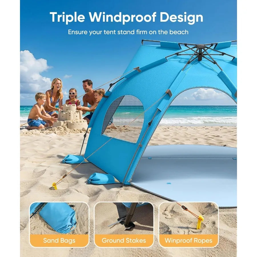 Beach Tent Sun Shelter for 5-6 Person, Polyester Fabric, Navy Blue, UPF 30+ UV Protection Breathable Mesh Windows