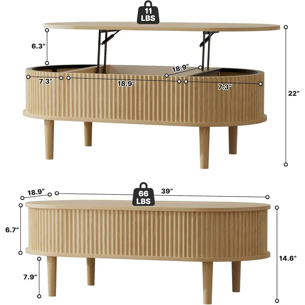 39 Inch Oval Storage Coffee Table with Hidden Compartment, Fully Assembled Wooden Center Table for Living Room or Office, Natura