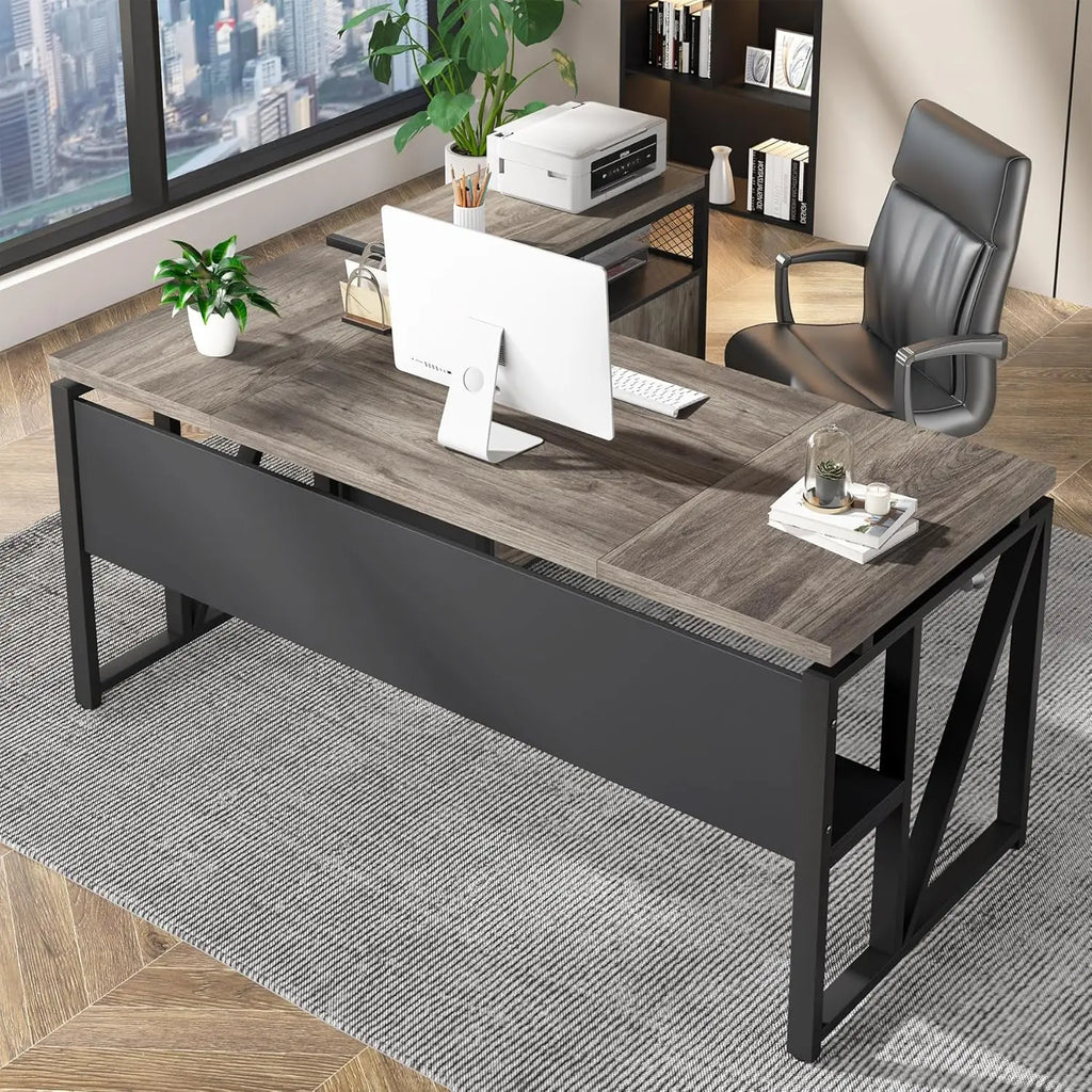 63" Computer Desk with Shelf, Home Office Writing Workstation, Dark Walnut Steel Frame, No Cabinet, Customized