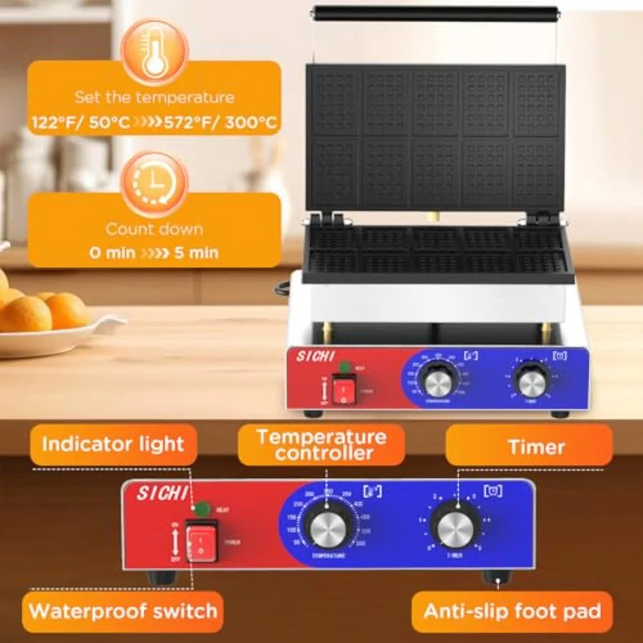 Commercial Square Waffle Maker with Stainless Steel Non-stick Pans 550 Temperature Control and Timer 1550W Double Baking Waffle
