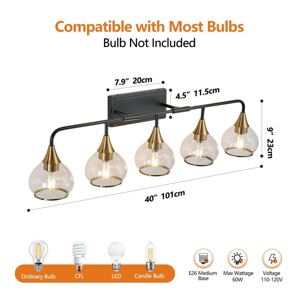 40" Modern 5-Light Vanity Wall Sconce Black and Gold Bathroom Light Fixture with Clear Glass Shades,Wall Mounted Lamp(No Bulb)