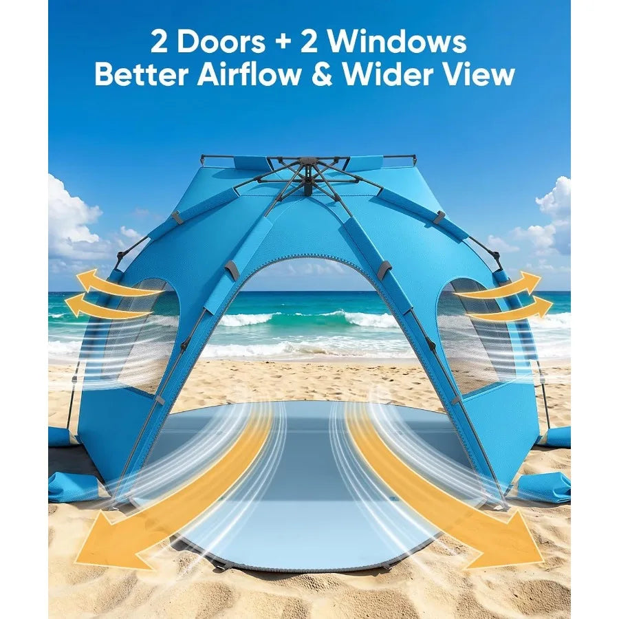 Beach Tent Sun Shelter for 5-6 Person, Polyester Fabric, Navy Blue, UPF 30+ UV Protection Breathable Mesh Windows
