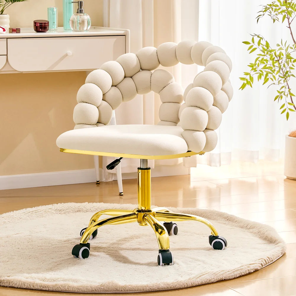 Modern Velvet Adjustable Swivel Desk Chair with Bubble Back, Upholstered Vanity Chair with Gold Metal Base, Rolling Office Chair