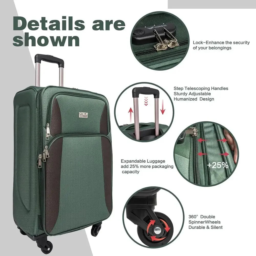 Expandable Luggage Set: Lightweight Travel Suitcases with Lock & 360° Spinner Wheels, Durable Softside, 20-32, Green