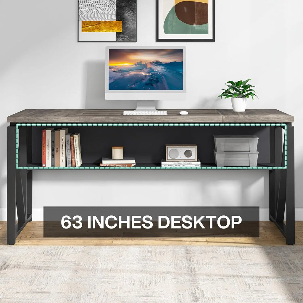 63" Computer Desk with Shelf, Home Office Writing Workstation, Dark Walnut Steel Frame, No Cabinet, Customized
