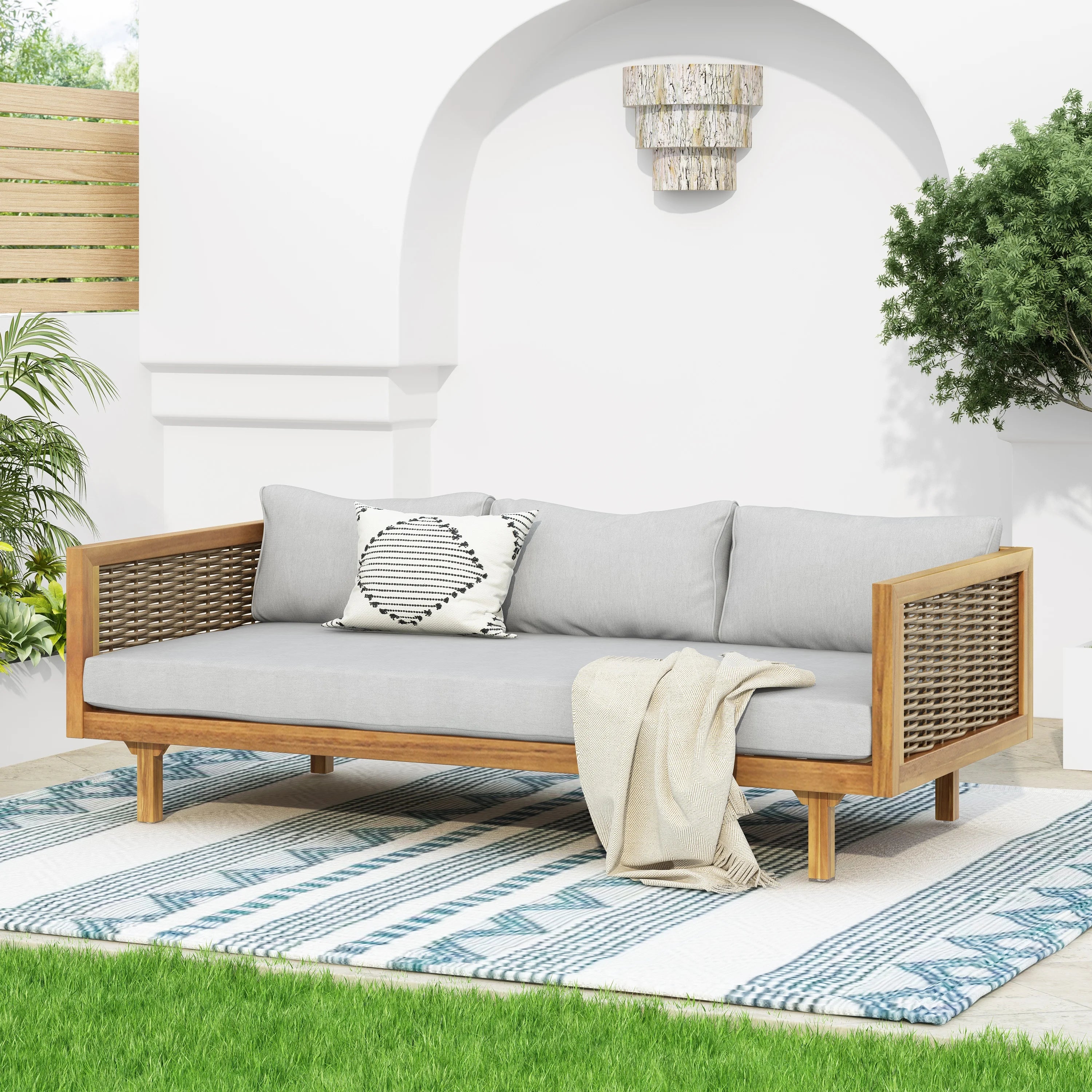 3 Seater Sofa Acacia Wood Outdoor Daybed Convertible Bed with Rattan Arm Cushion Pillow for Patio Garden