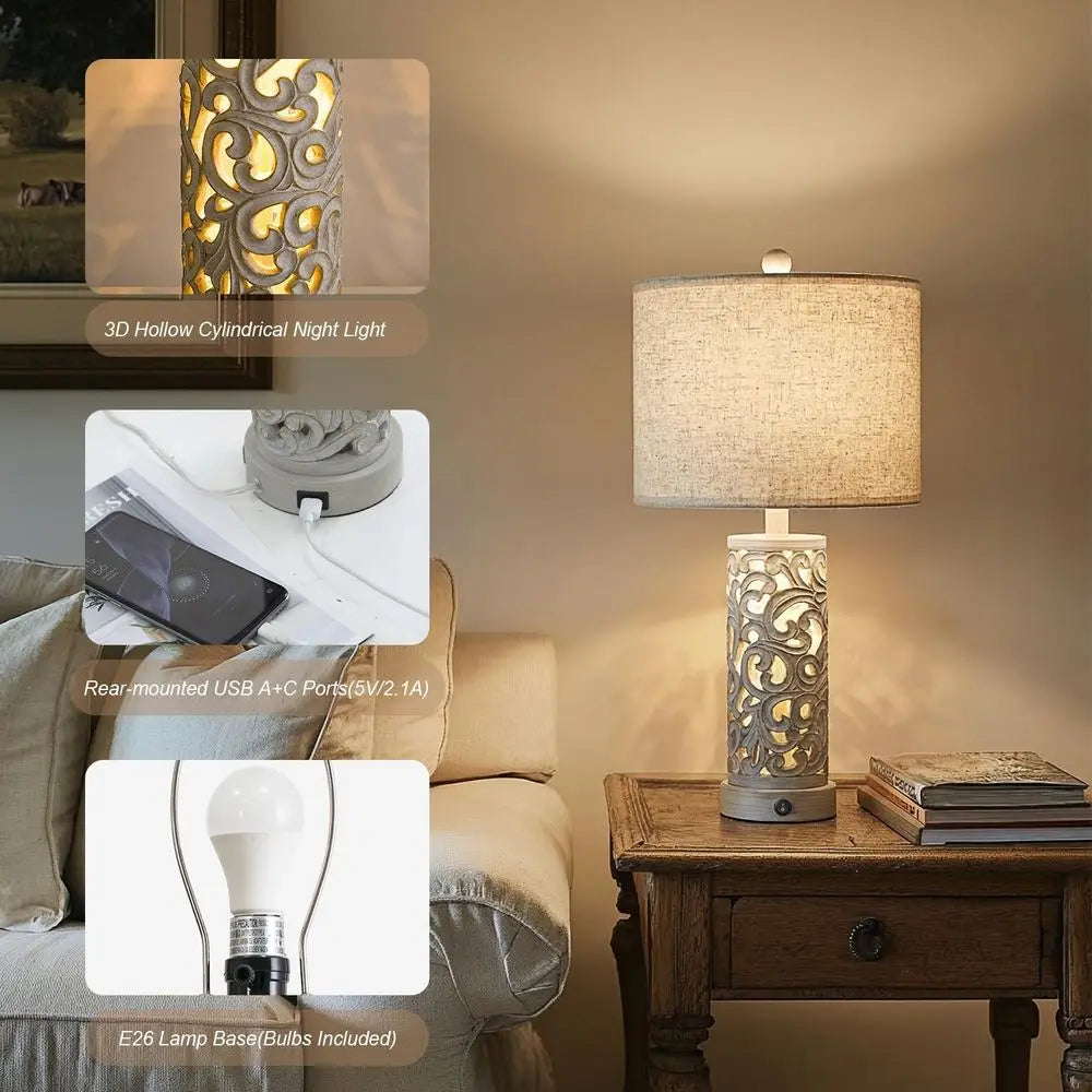 Vintage 2-Piece Table Lamp Set with USB and Night Light, 22 Arm, Bedroom and Living Room Lighting, Bulb Included