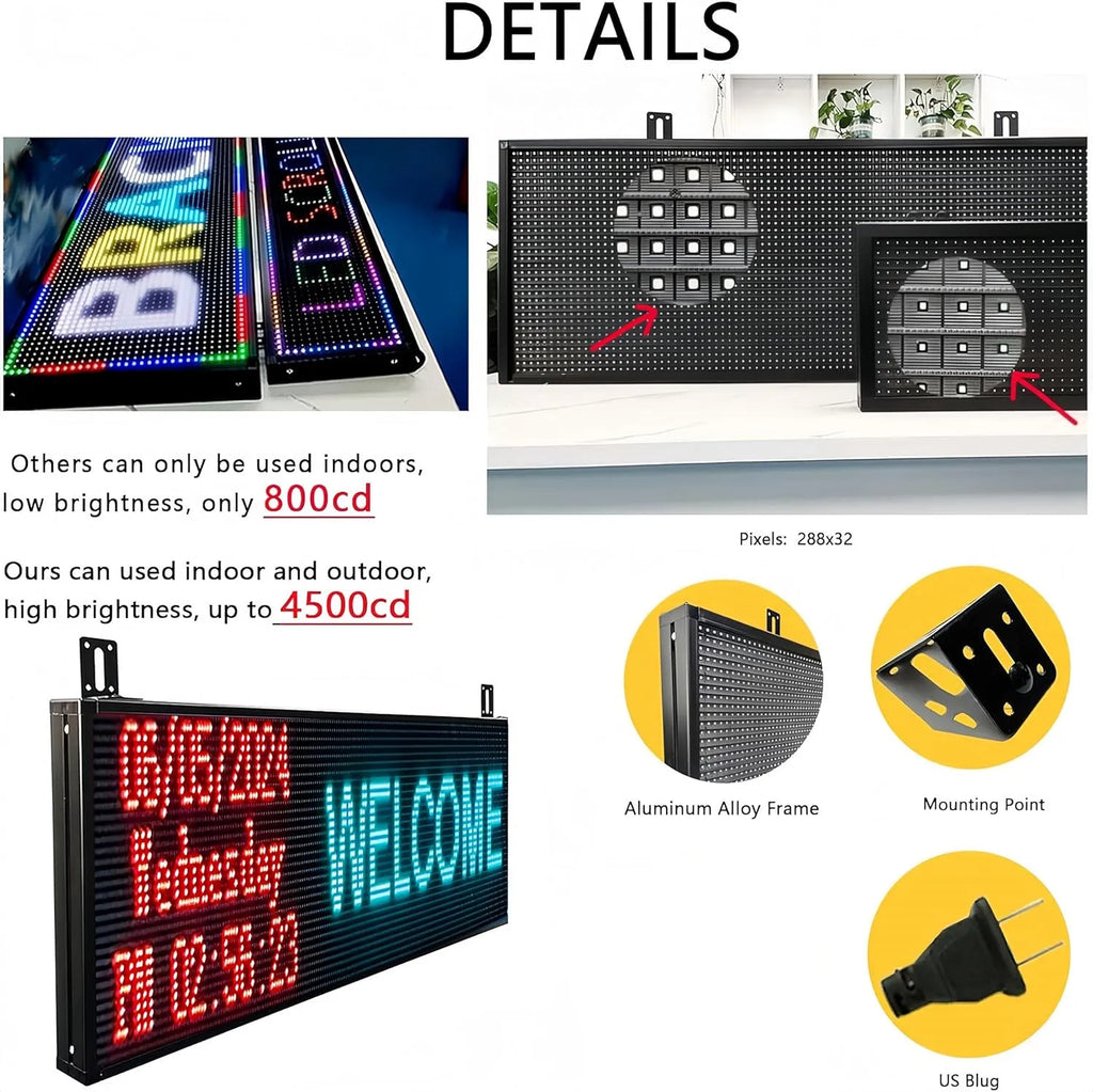 P10 Semi-Outdoor Programmable Scrolling LED Sign WiFi Control LED Digital Display Screen Message Board, RGB 115’’x14’’ Open Sign