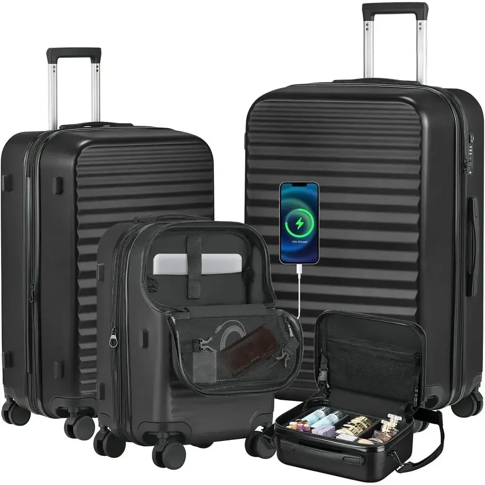 4-Piece Suitcase Set with Wheels, ABS Shell, TSA Lock, Spinner Luggage (20/24/28 inch, Black)