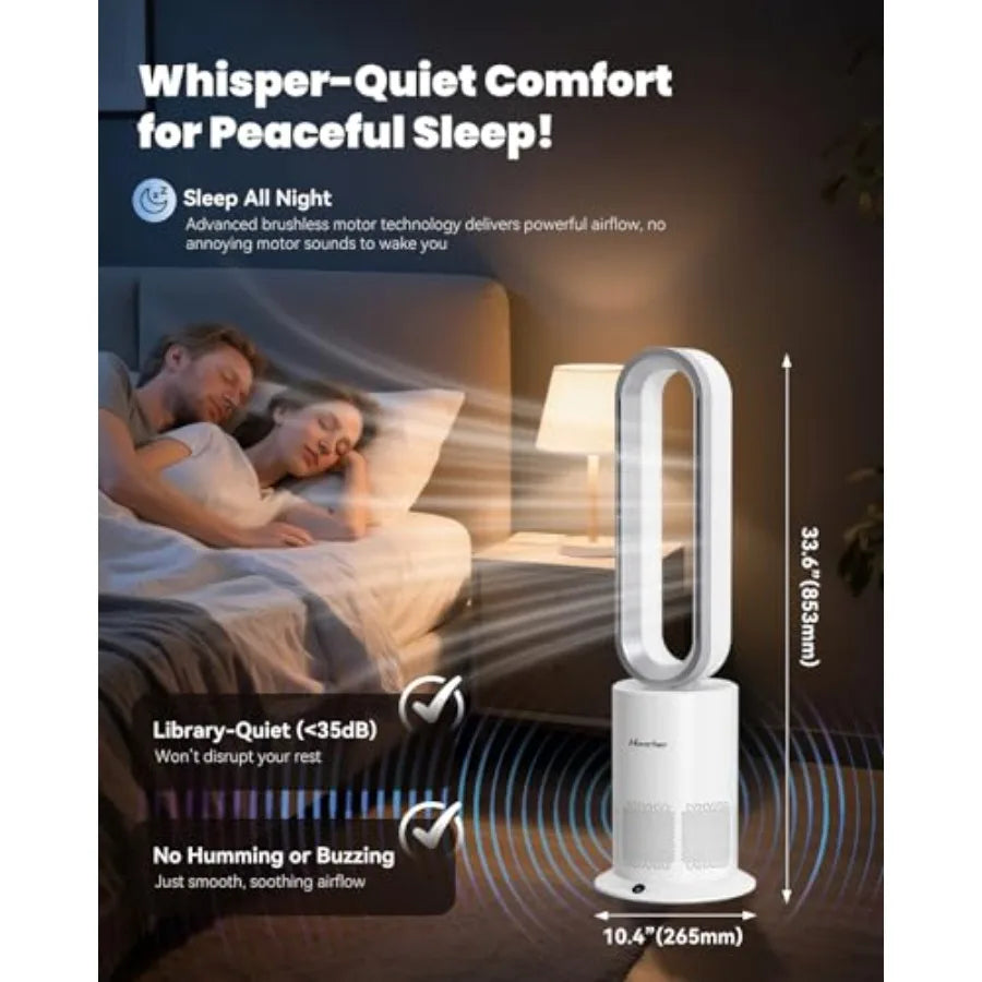 Dual-Tech Bladeless Tower HEPA Fan Ultra-Quiet 3-in-1 Cooling Heating Air Purifier with UL Listed PTC Ceramic Fast Heat Auto Sh