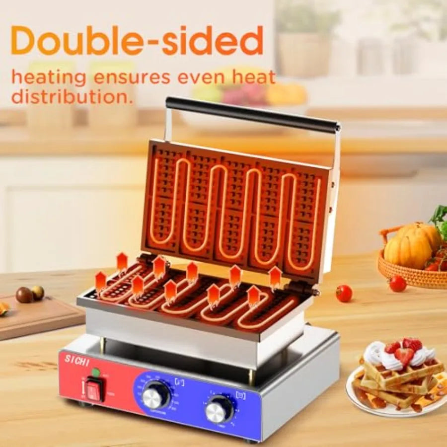 Commercial Square Waffle Maker with Stainless Steel Non-stick Pans 550 Temperature Control and Timer 1550W Double Baking Waffle