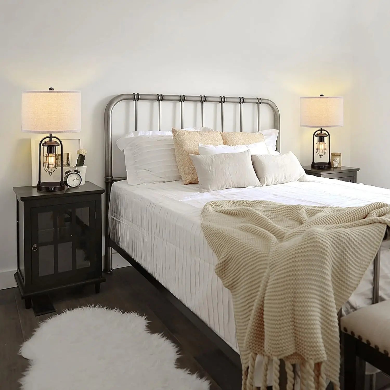 Set of 2 Modern Table Lamps with USB Ports and Night Light for Living Room Bedroom, Bulbs Included