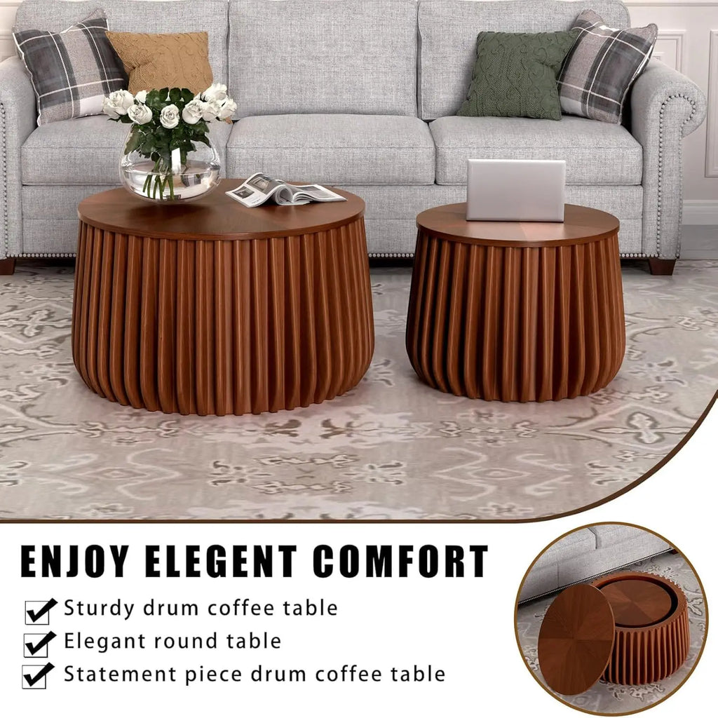 Round Storage Fluted Nesting Coffee Table Set of 2, Mid Century Modern Handcraft Circle Nested Coffee Table Set for, Customized