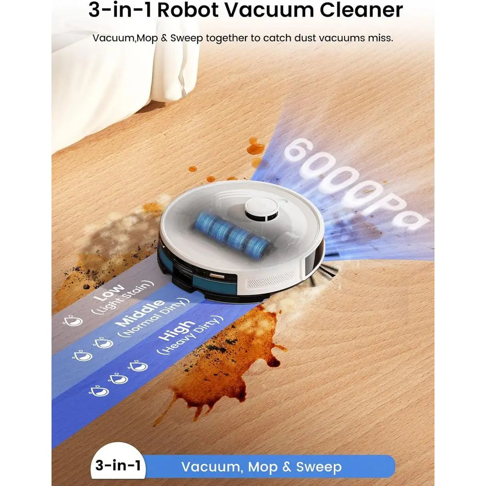 Smart Robot Vacuum and Mop: 75-Day Auto-Empty, 6000Pa Suction, Custom Cleaning, Mapping, 140 Min Run, Carpet Brush, 2.4G/5G Wi-F