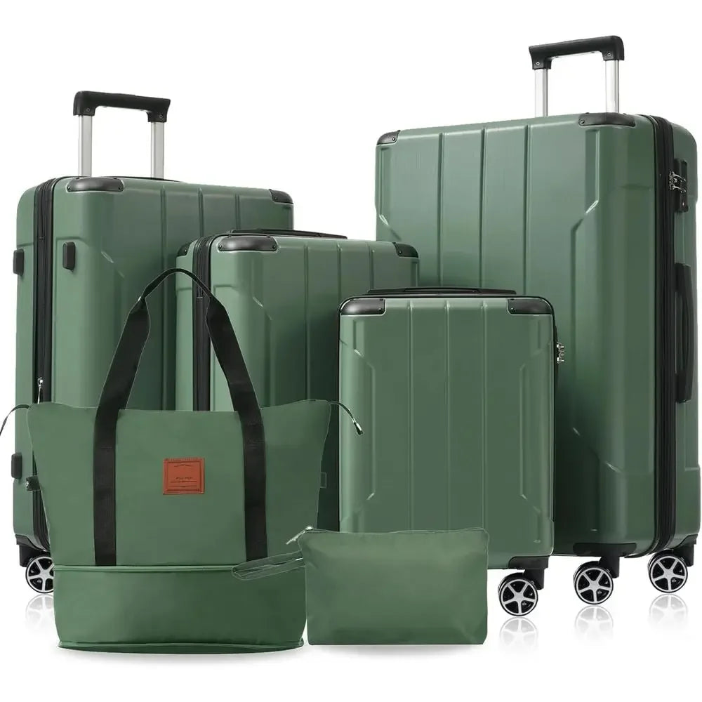 6-Piece Expandable Hardshell Luggage Set with Dual Wheels, TSA Lock, Suitable for Men & Women, Green