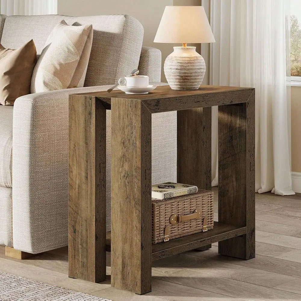 Narrow Side Table, Farmhouse Wooden Sofa End Table With Bottom Shelf, Skinny Accent Nightstand For Small Space, Living Room, Be