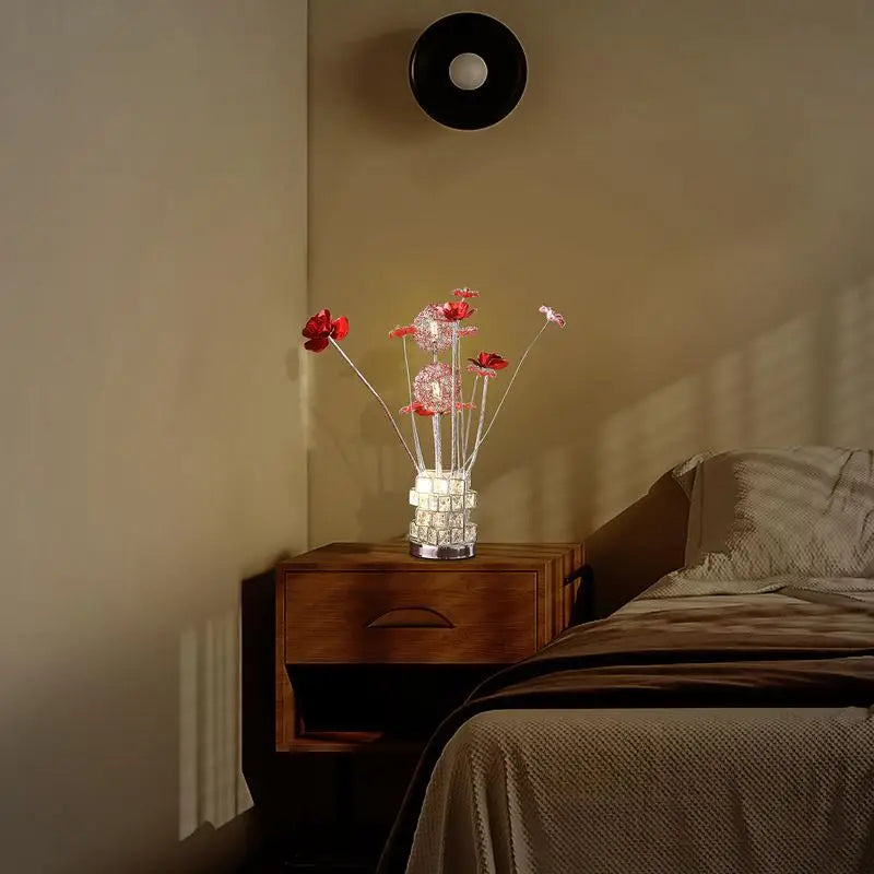 Red Roses 6 Petal Floral Table Lamp with Red/Silver Flower Bud in Modern Hexagonal Chrome Vase for Living Room or Bedroom, LED