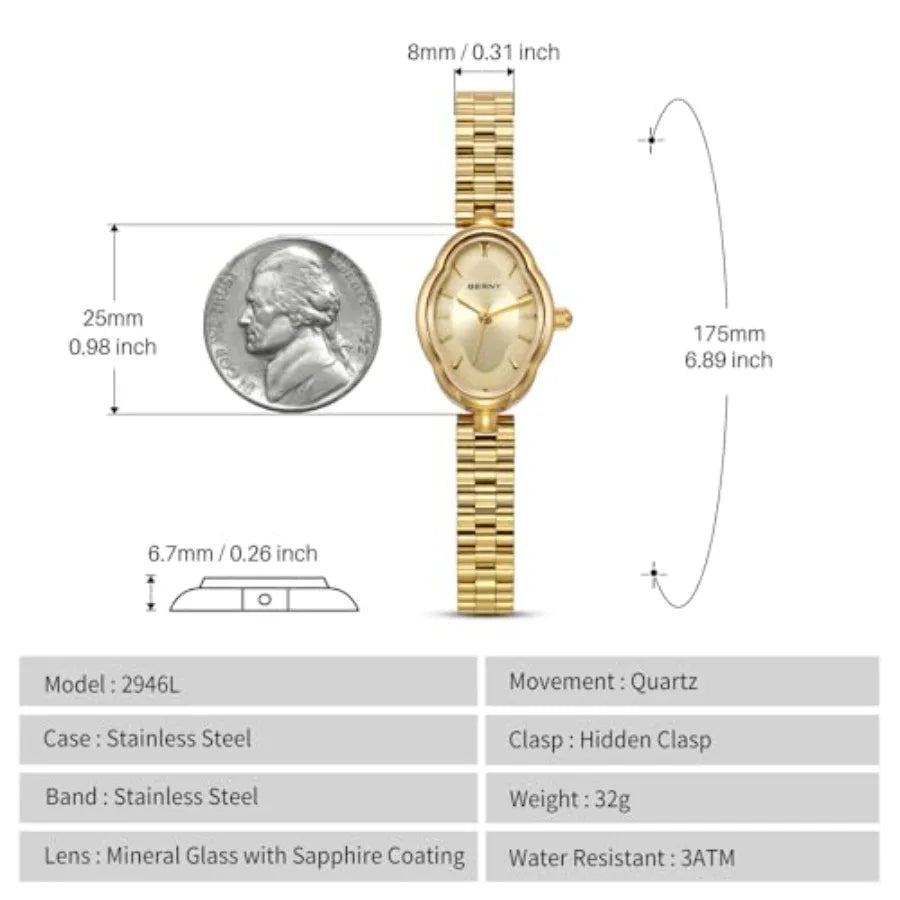 Watches for Women Dainty Ladies Quartz Watch Vintage Copper Mirrors Shape Japanese Quartz Movement 3ATM Waterproof Fashion Fema