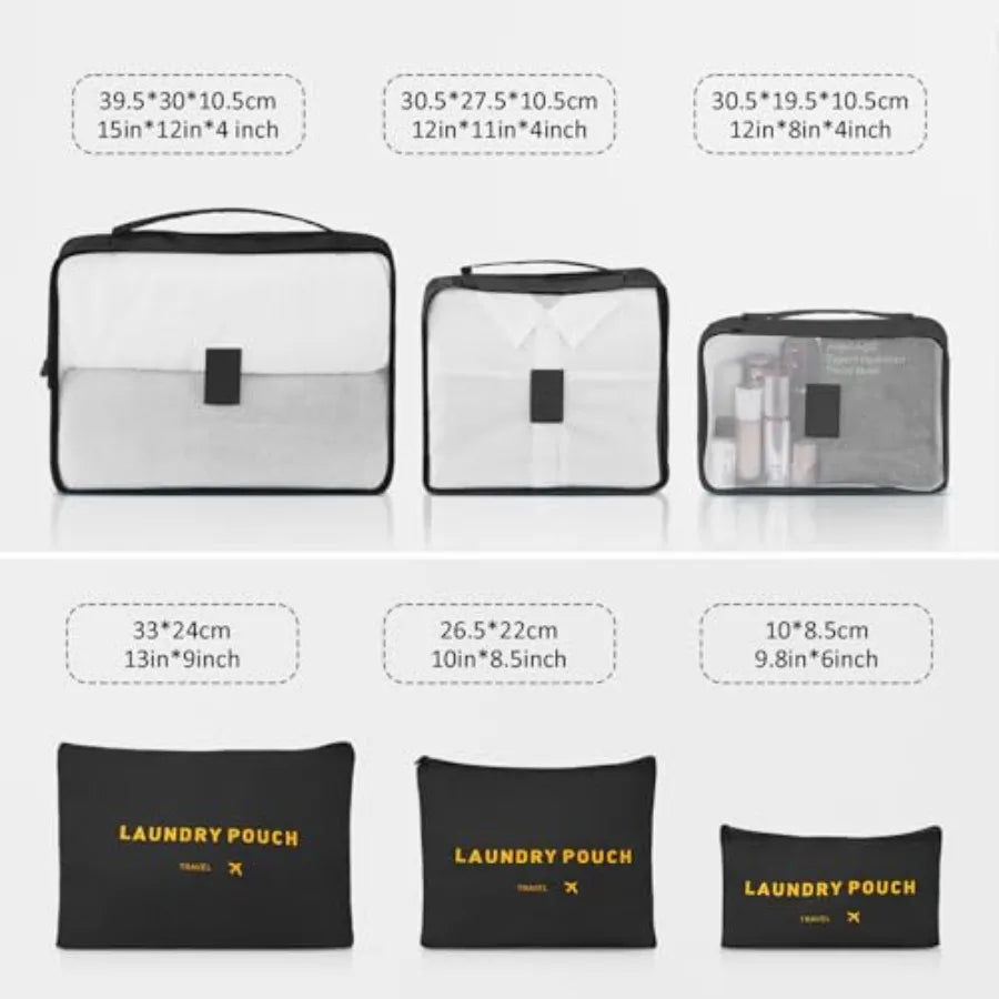3 Piece Luggage Sets ABS Hardshell Suitcase with Spinner Wheels in Black with 6PC Packing Bags for Travel and Business Use