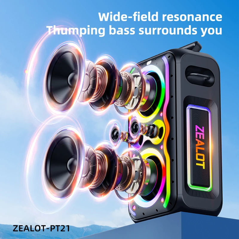 200W ZEALOT-PT21 Super Bass Party Speaker: 48000mAh Long Battery, Multi-Device Support, RGB Glow – Great for Living Room Movie