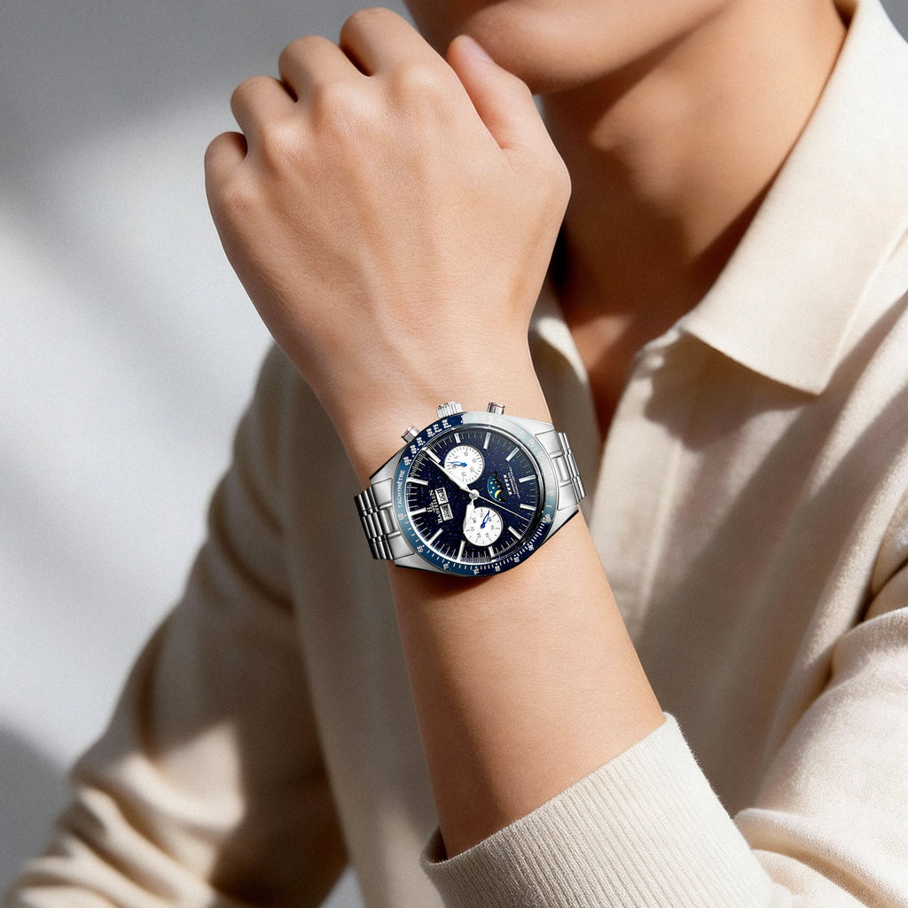 BAOFEILUN Moonwatch Style Automatic Watch Full Calendar 42MM Galaxy Dial Mineral Crystal 30M Waterproof Luxury Reloj Hombre Gift