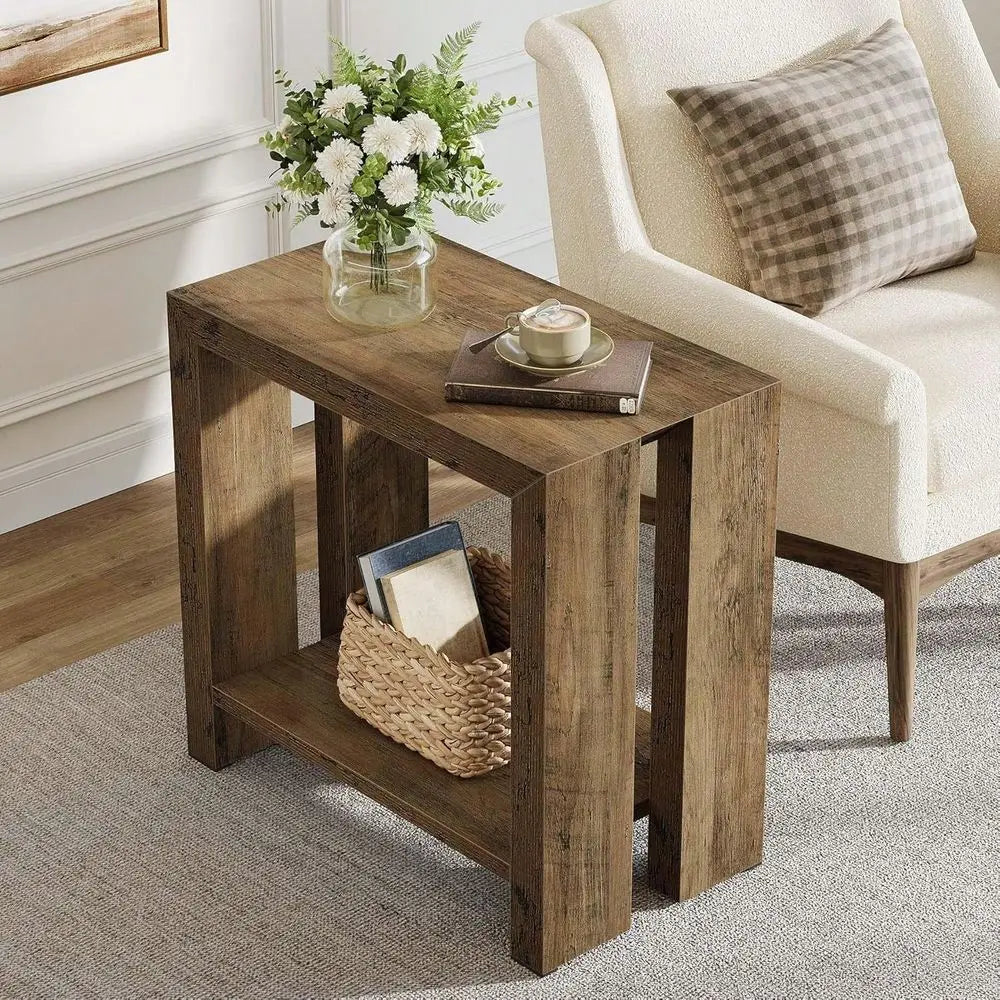 Narrow Side Table, Farmhouse Wooden Sofa End Table With Bottom Shelf, Skinny Accent Nightstand For Small Space, Living Room, Be