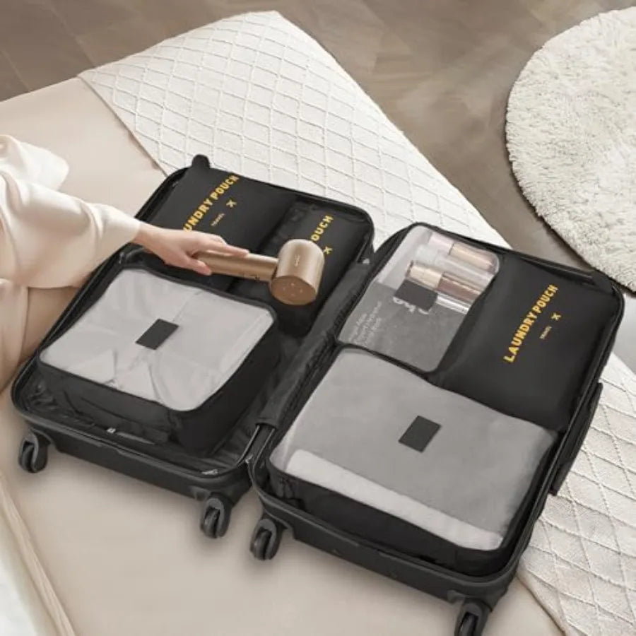3 Piece Luggage Sets ABS Hardshell Suitcase with Spinner Wheels in Black with 6PC Packing Bags for Travel and Business Use