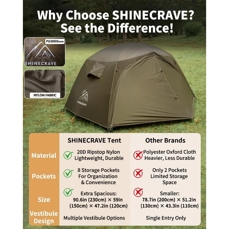 2 Person Ultra Large Capacity Camping Tent Made of 20D Nylon with PU3000mm Waterproofing Lightweight Free Standing Design for 3